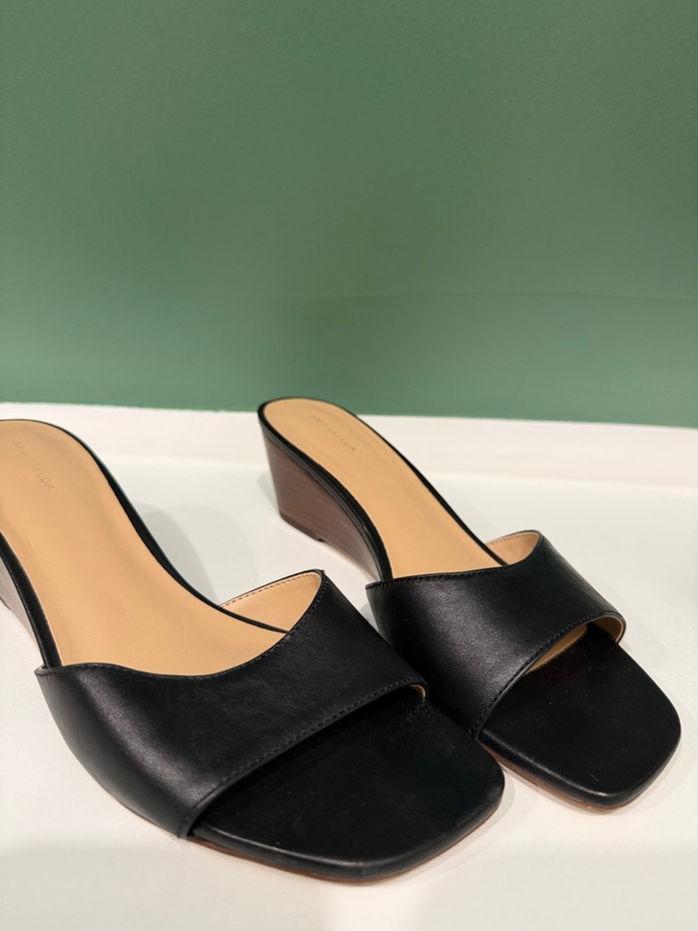 Ann Taylor Black Leather Open-Wedge Slide Mules